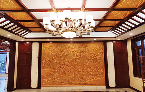 龙华中式别墅客厅中式木作横梁吊顶装饰展示